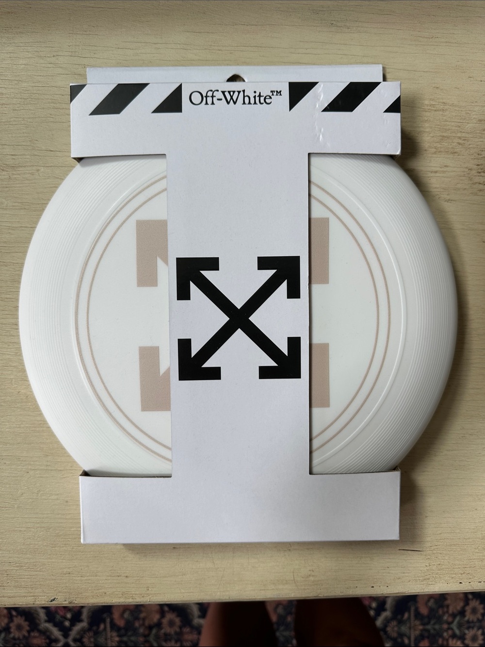 Off-White Ceramic Plate with Black Arrow Motif and Beige Accents